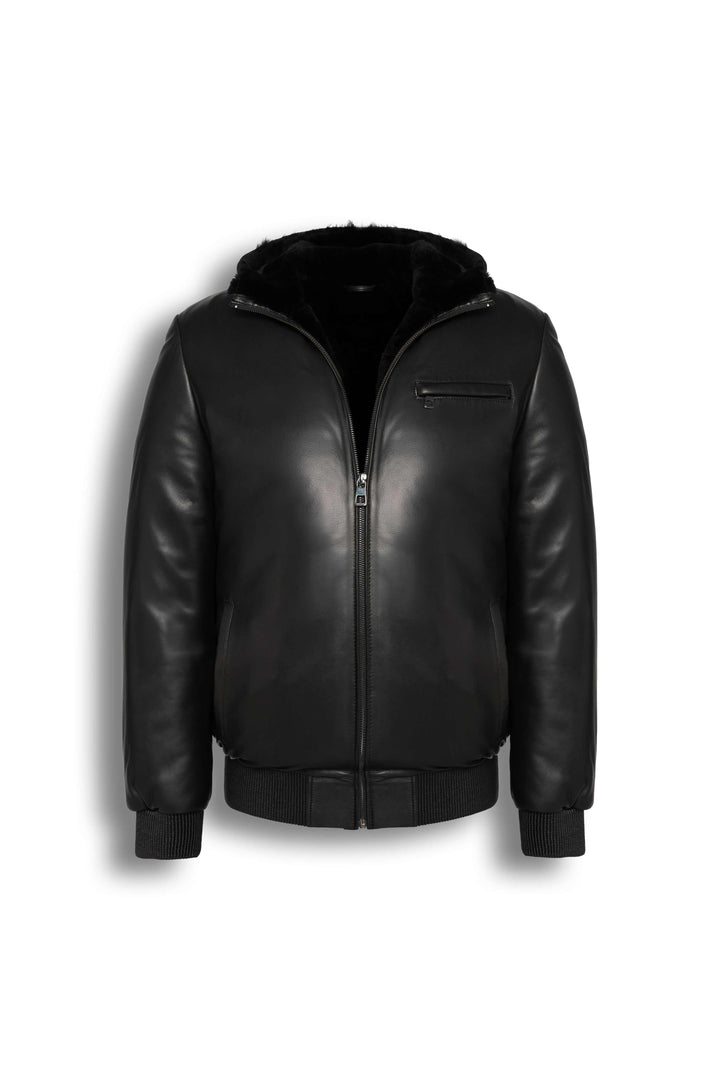 Arctic Hooded Leather Bomber Jacket – Black Shearling Lined