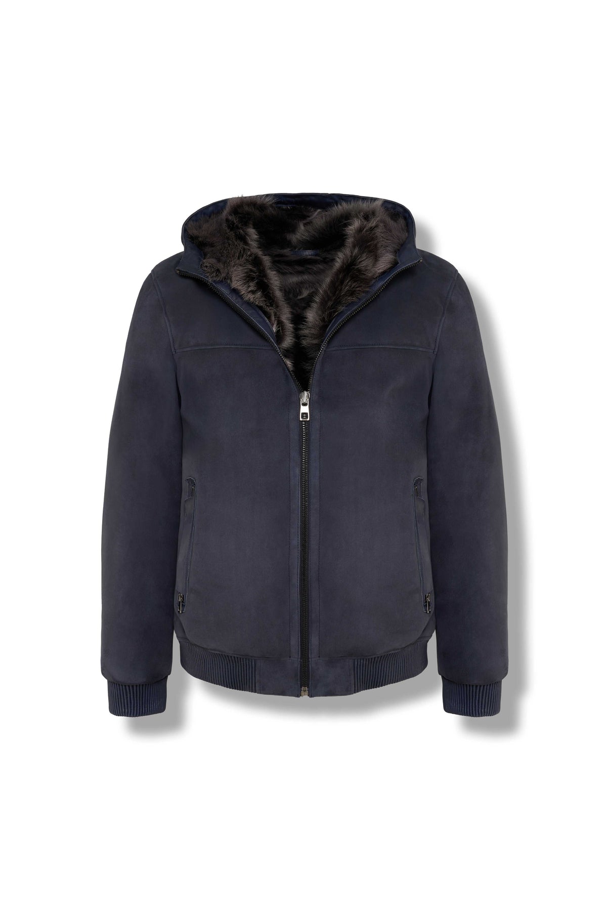 Zalvaro Arctic Hooded Shearling Bomber jacket in premium leather with removable hood and Merino shearling lining