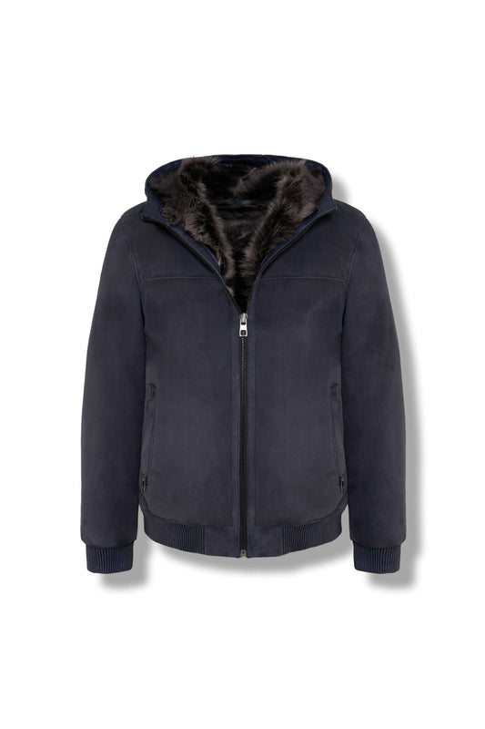 Zalvaro Arctic Hooded Shearling Bomber jacket in premium leather with removable hood and Merino shearling lining