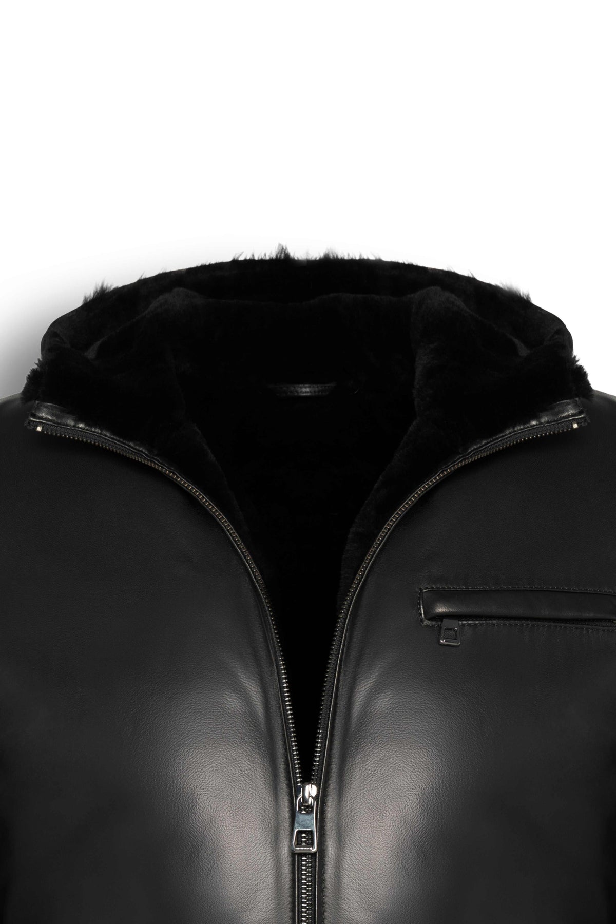 Black Arctic hooded leather bomber jacket with shearling lining for warmth and style