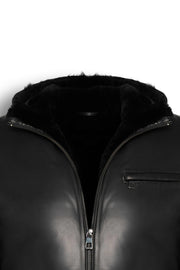 Black Arctic hooded leather bomber jacket with shearling lining for warmth and style