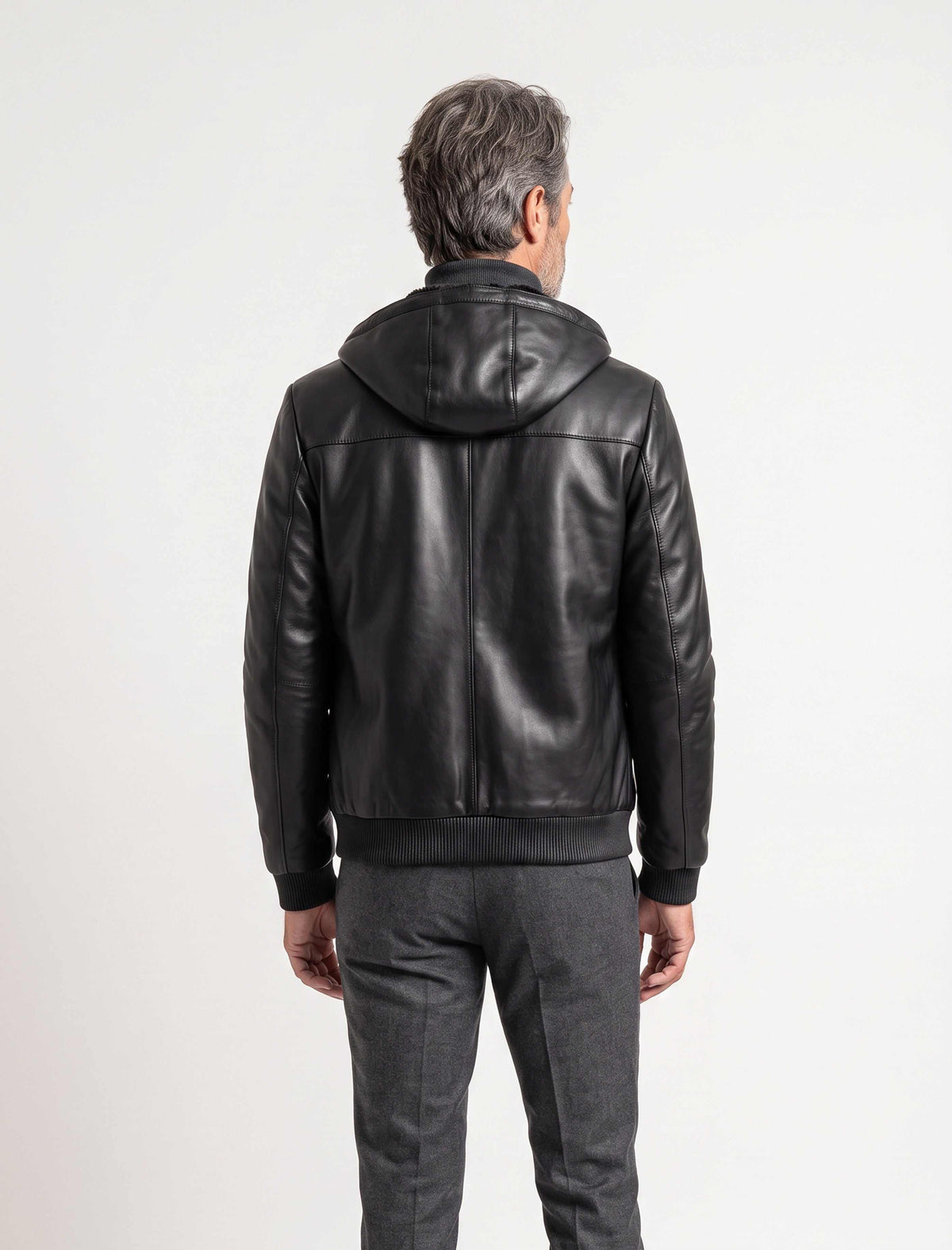 Black Arctic hooded leather bomber jacket with black shearling lining