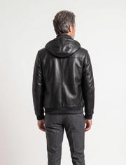 Black Arctic hooded leather bomber jacket with black shearling lining