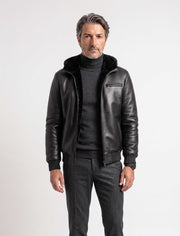 Arctic hooded leather bomber jacket in black with shearling lining