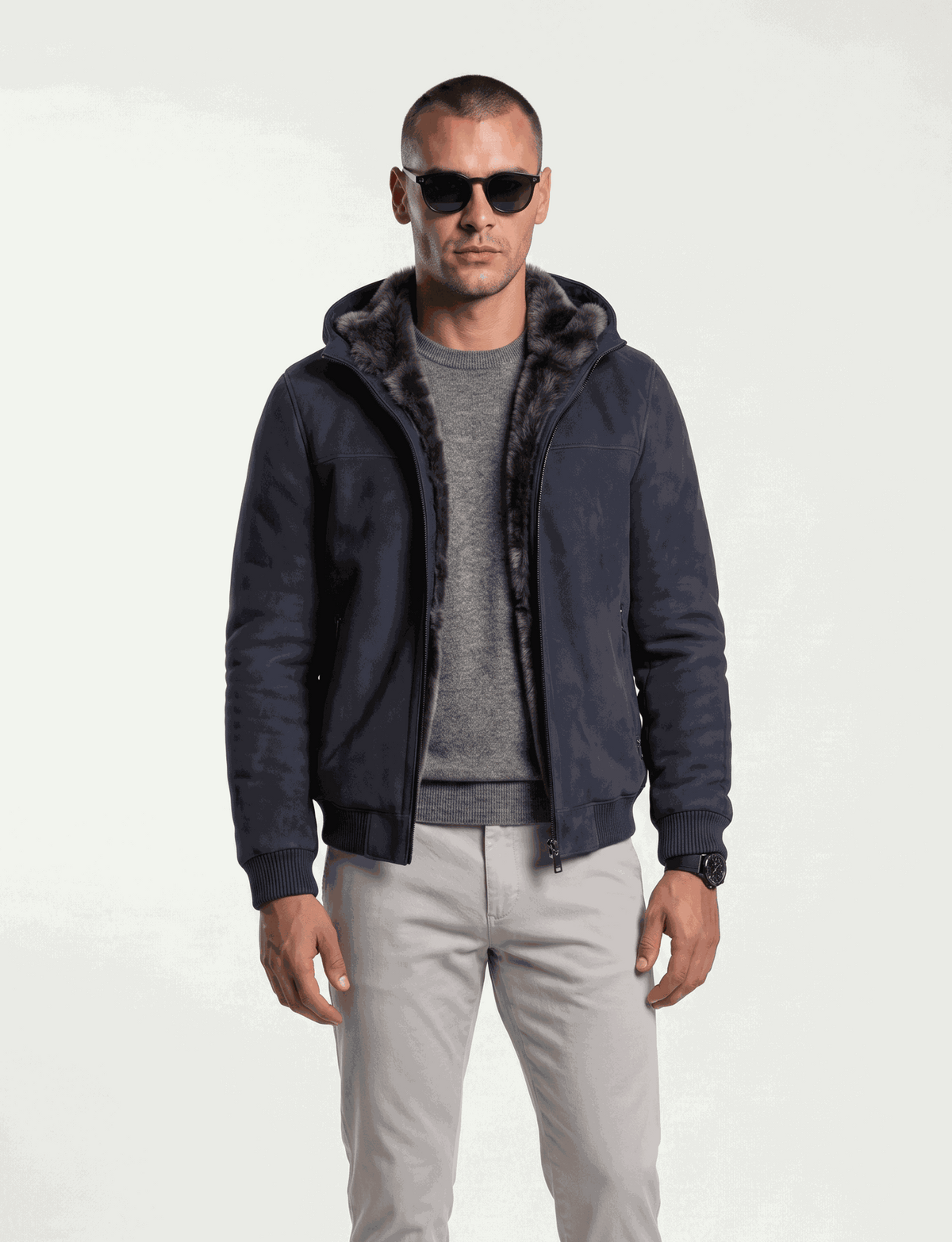 Zalvaro Arctic Hooded Shearling Bomber jacket made from genuine leather with removable hood and Merino shearling lining