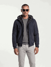 Zalvaro Arctic Hooded Shearling Bomber jacket made from genuine leather with removable hood and Merino shearling lining