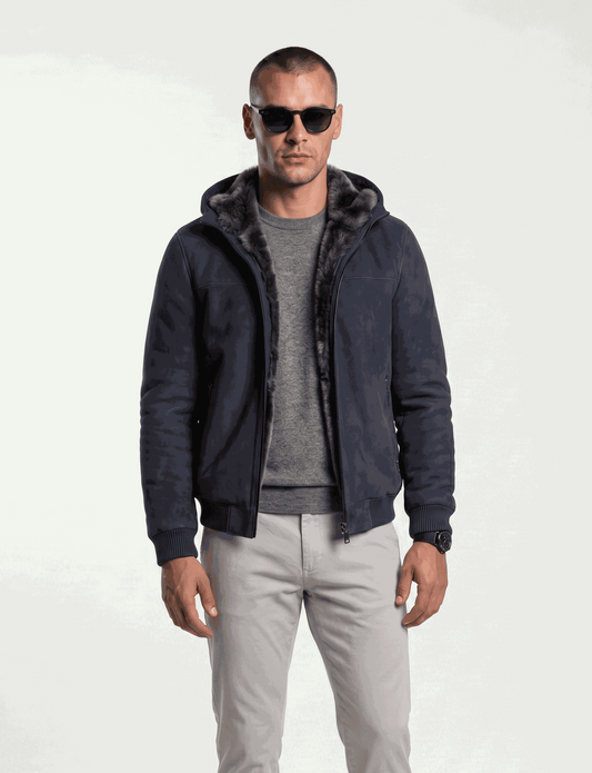 Zalvaro Arctic Hooded Shearling Bomber jacket made from genuine leather with removable hood and Merino shearling lining