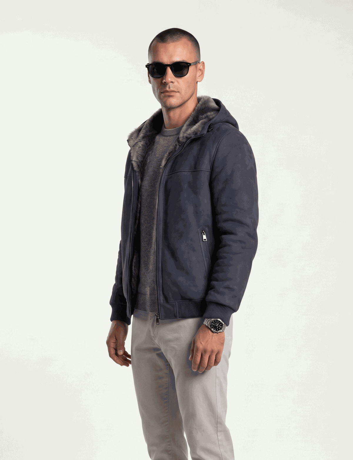 Arctic Hooded Shearling Bomber jacket in genuine leather with Merino shearling lining and detachable hood
