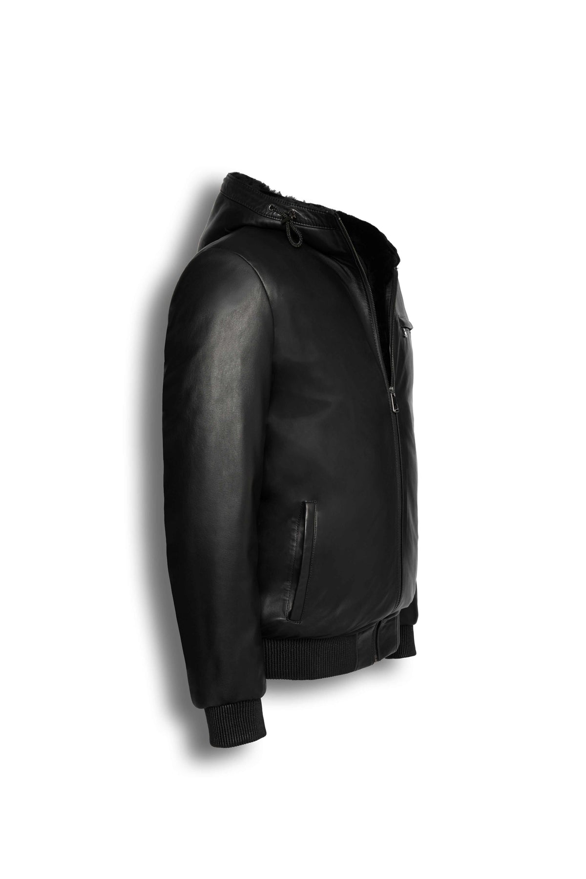 Arctic Hooded Leather Bomber Jacket in black with shearling lining and lamb leather exterior