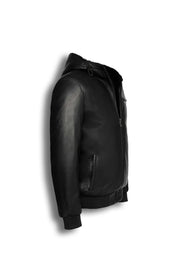 Arctic Hooded Leather Bomber Jacket in black with shearling lining and lamb leather exterior