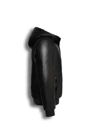 Black Arctic hooded leather bomber jacket with shearling lining for warmth and style