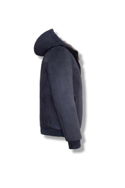 Arctic Hooded Shearling Bomber jacket with premium leather and Merino shearling lining, featuring removable hood and ribbed cuffs.