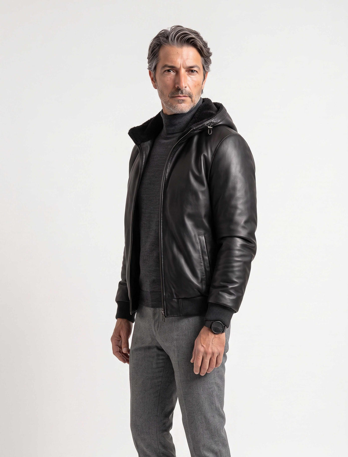 Arctic Hooded Leather Bomber Jacket in black with shearling lining