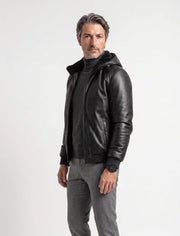 Arctic Hooded Leather Bomber Jacket in black with shearling lining