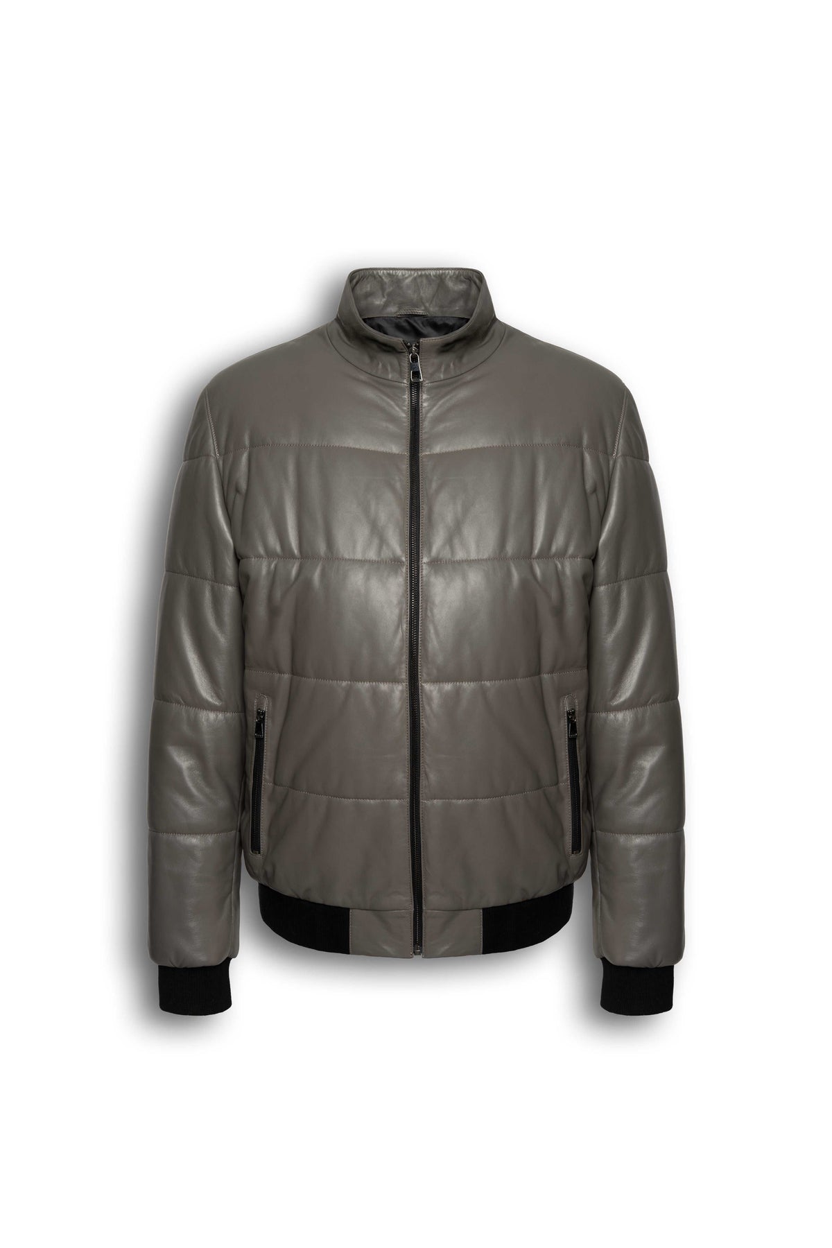 Zalvaro Arno taupe leather puffer jacket with lambskin, quilted design, and stand collar for men