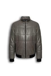Zalvaro Arno taupe leather puffer jacket with lambskin, quilted design, and stand collar for men