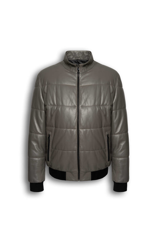 Zalvaro Arno taupe leather puffer jacket with lambskin, quilted design, and stand collar for men