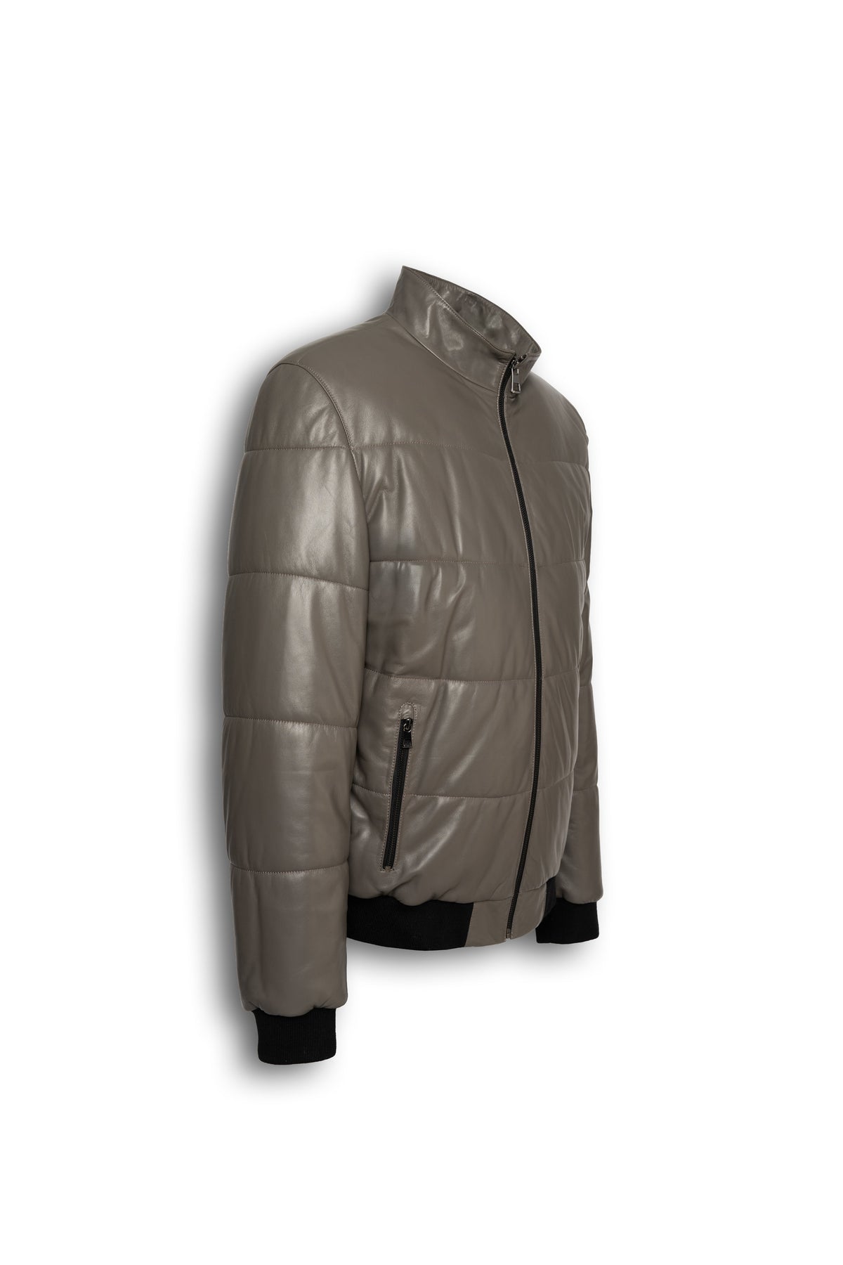 Zalvaro Arno taupe leather puffer jacket with horizontal quilting and rib-knit cuffs