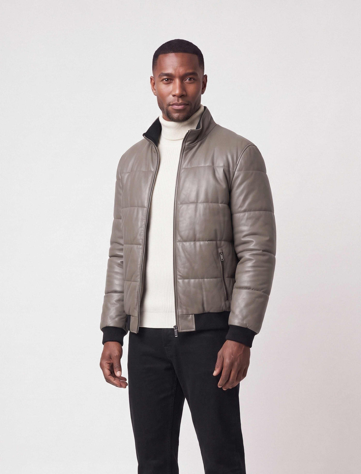 Zalvaro Arno taupe leather puffer jacket with quilted design and stand collar