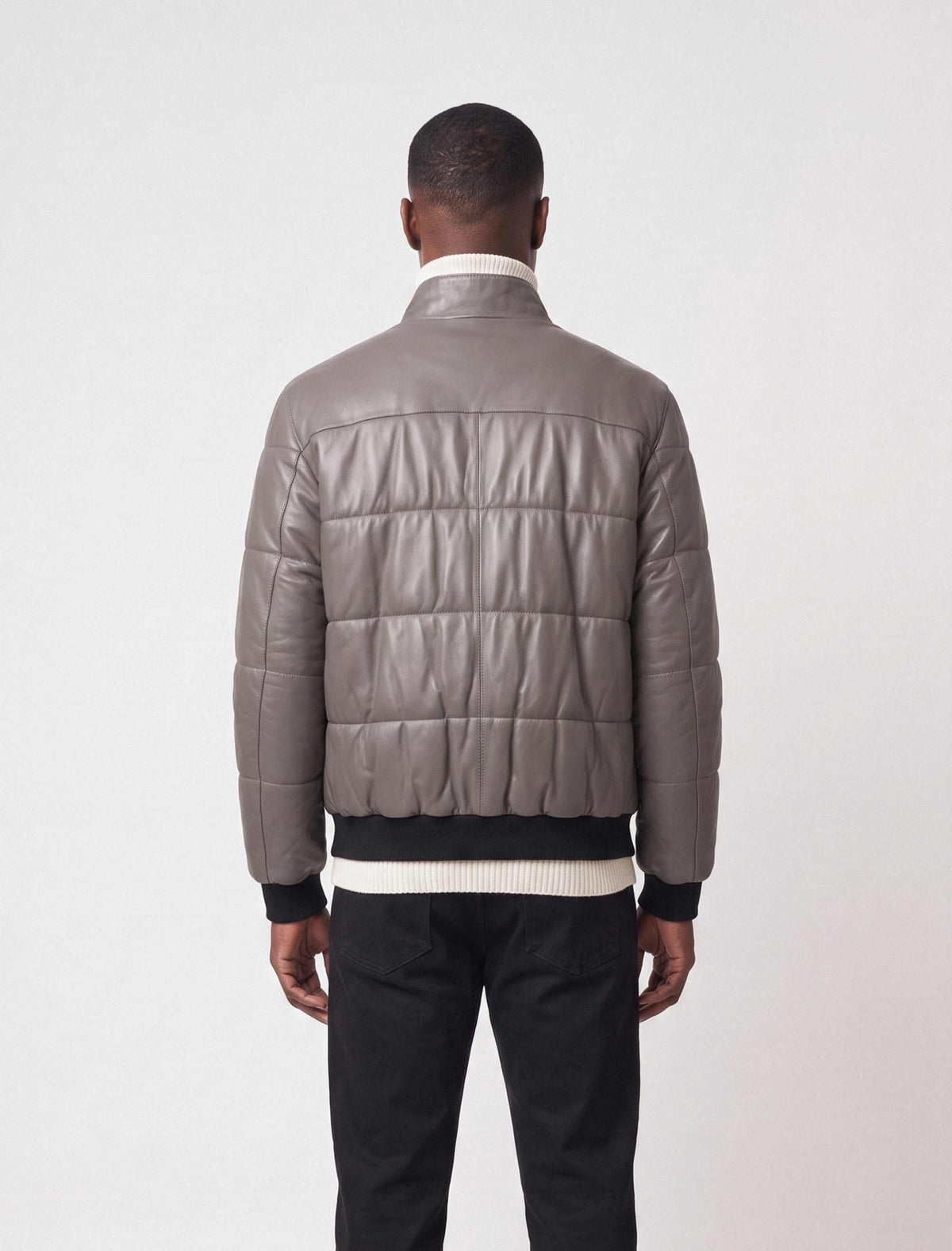 Zalvaro Arno Taupe Leather Puffer Jacket with lambskin, quilted design, and YKK zipper for cold weather luxury