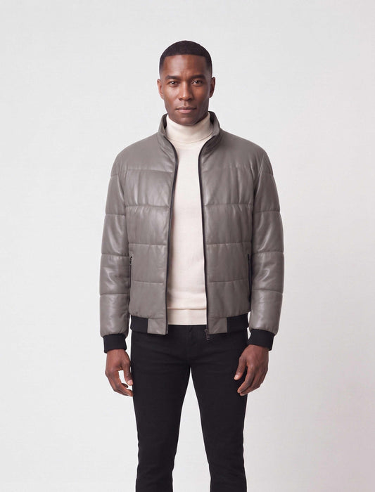 Zalvaro Arno taupe leather puffer jacket with lightweight insulation and YKK zipper