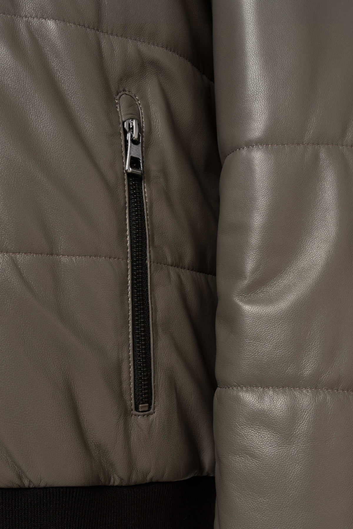 Zalvaro Arno leather puffer jacket in taupe grey with horizontal quilting and stand collar
