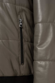 Zalvaro Arno leather puffer jacket in taupe grey with horizontal quilting and stand collar