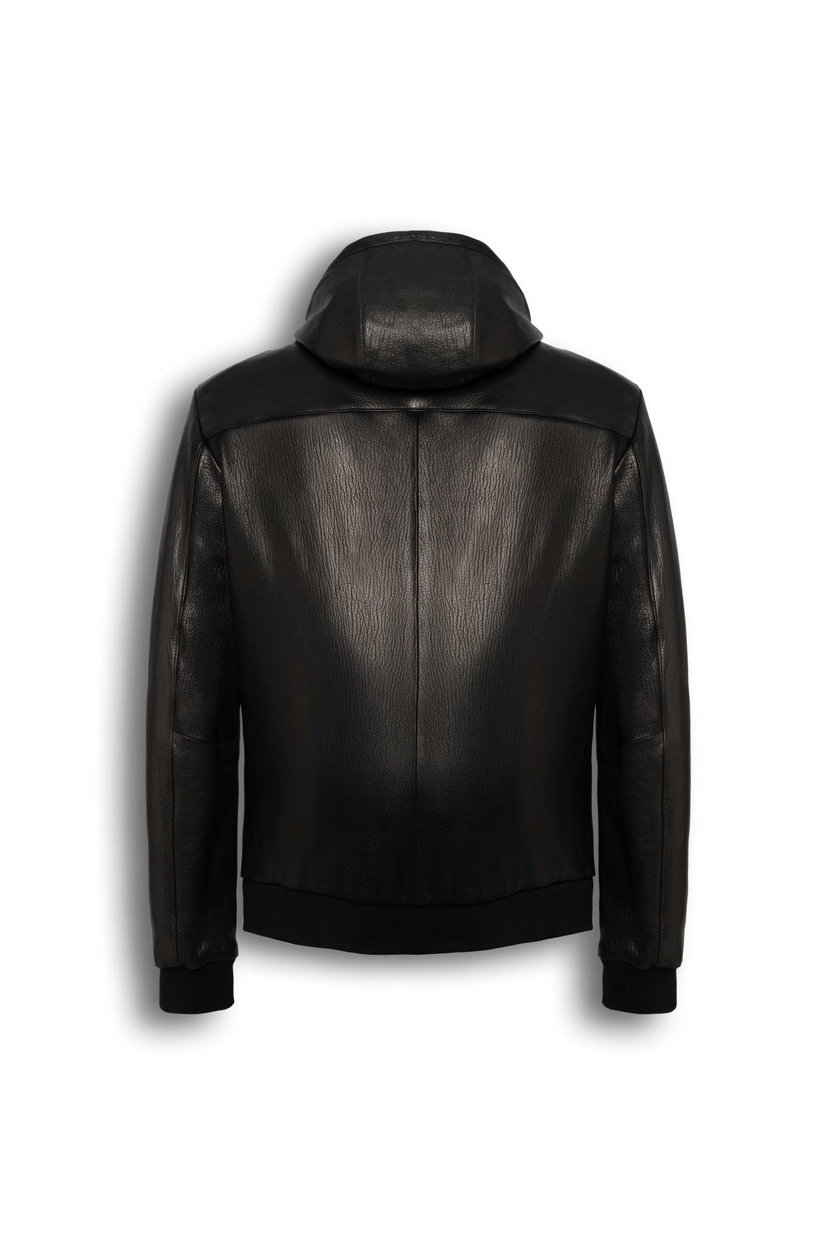 Lorcan Men’s genuine black leather hooded jacket with adjustable hood and zip pockets