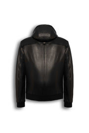 Lorcan Men’s genuine black leather hooded jacket with adjustable hood and zip pockets