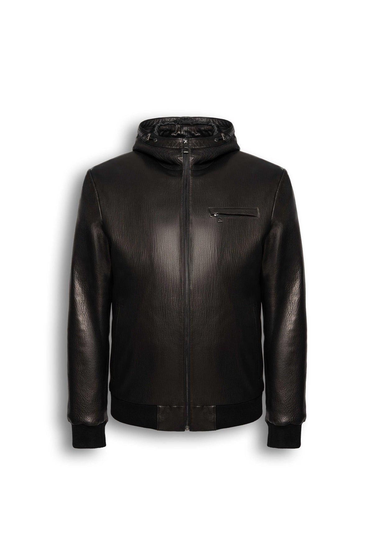 Lorcan Men’s Leather Jacket black genuine leather hooded with zip pockets and ribbed trims