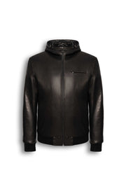 Lorcan Men’s Leather Jacket black genuine leather hooded with zip pockets and ribbed trims