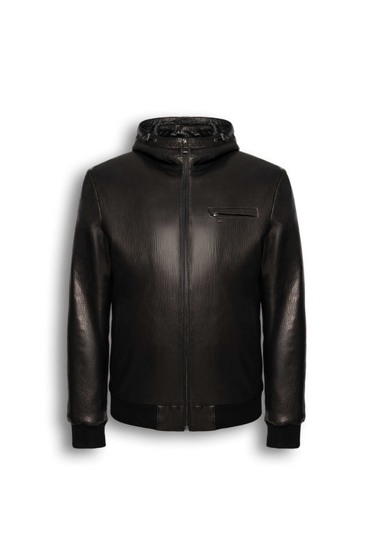 Lorcan Men’s Leather Jacket black genuine leather hooded with zip pockets and ribbed trims