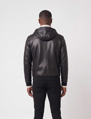 Lorcan Men’s genuine black leather hooded jacket with adjustable hood and zip pockets