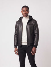 Lorcan Men’s genuine black leather hooded jacket with ribbed trims and zip pockets