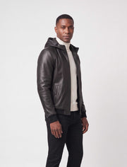 Lorcan Men’s genuine black leather hooded jacket with ribbed trims and zip pockets
