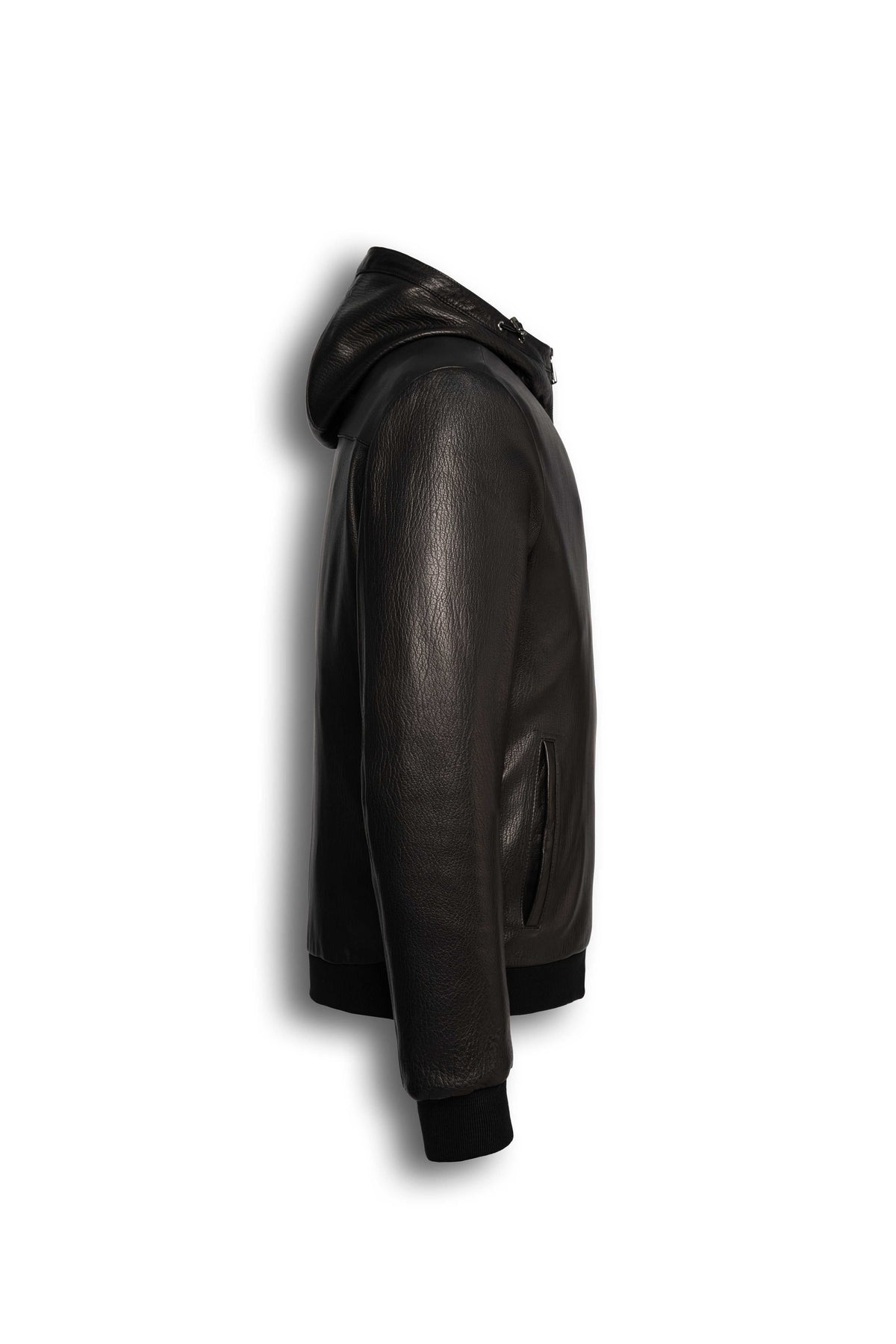 Lorcan Men’s genuine black leather hooded jacket with ribbed trims and zip pockets