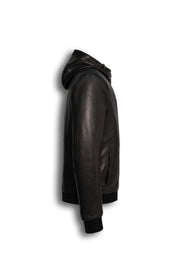 Lorcan Men’s genuine black leather hooded jacket with ribbed trims and zip pockets