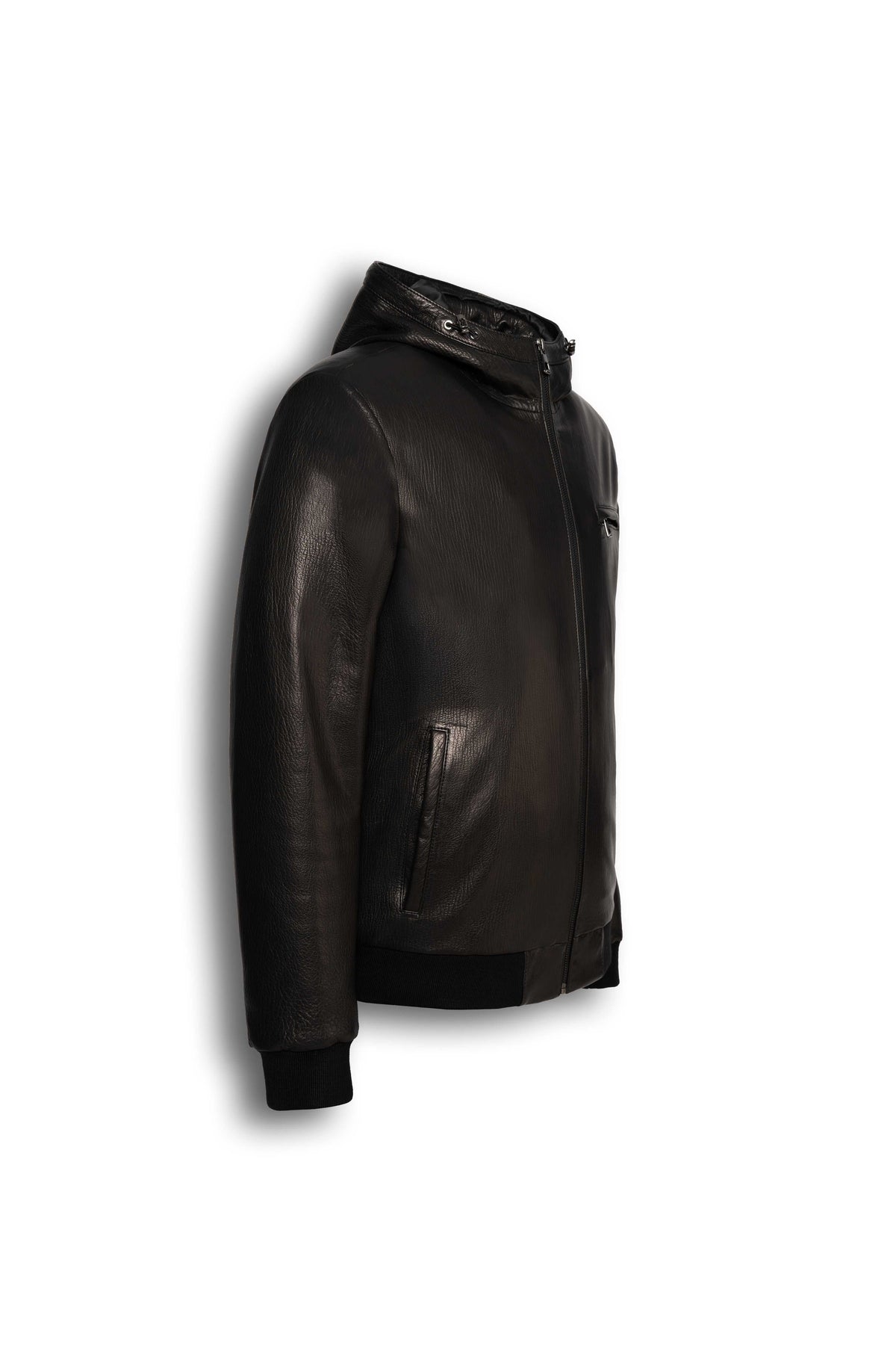Lorcan Men’s genuine black leather hooded jacket with zip pockets and ribbed trims