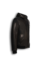 Lorcan Men’s genuine black leather hooded jacket with zip pockets and ribbed trims