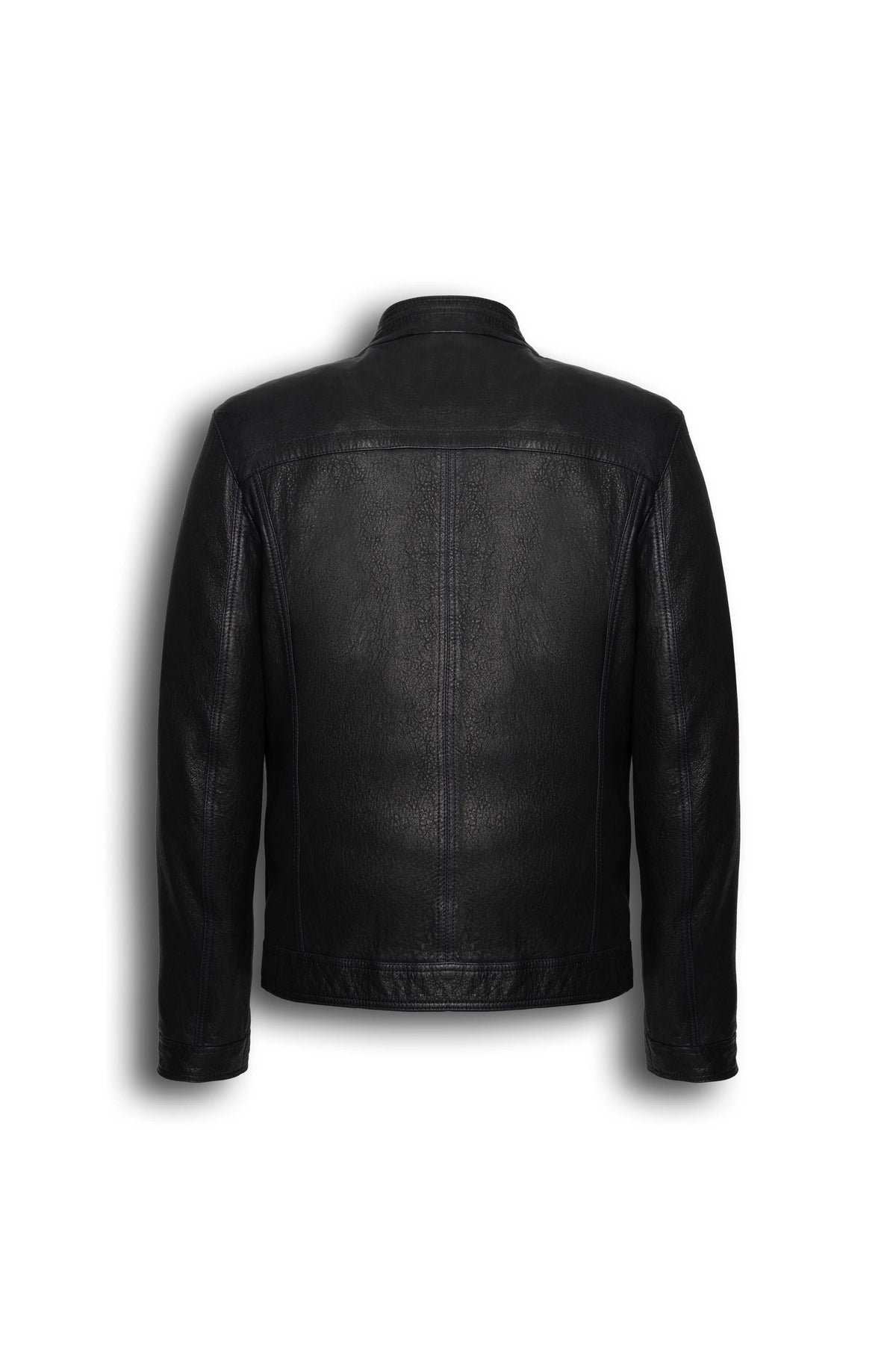Arven Men's Black genuine leather utility jacket with stand collar and multiple pockets