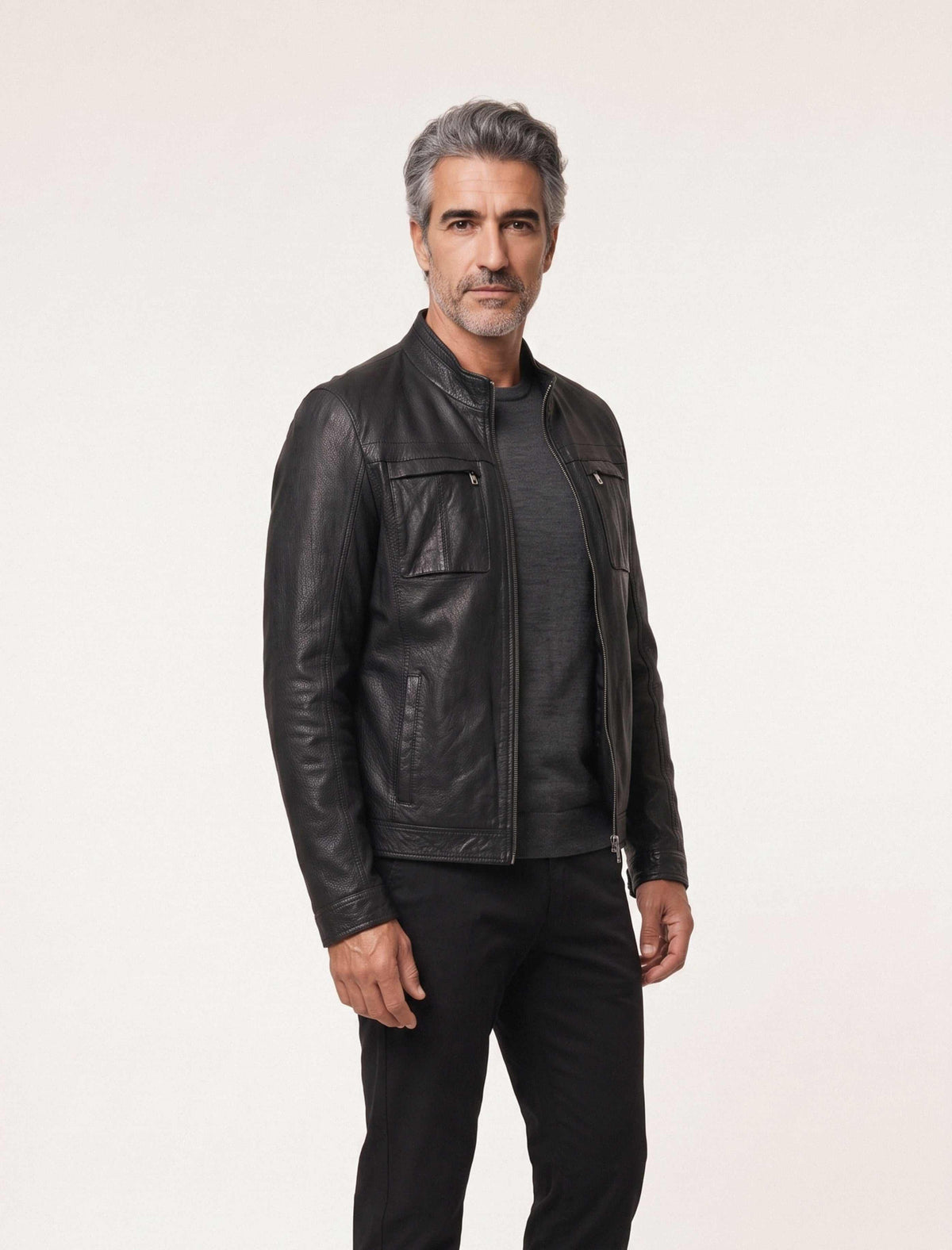 Arven Men's Black genuine leather utility jacket with stand collar and multiple pockets