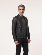 Arven Men's Black genuine leather utility jacket with stand collar and multiple pockets
