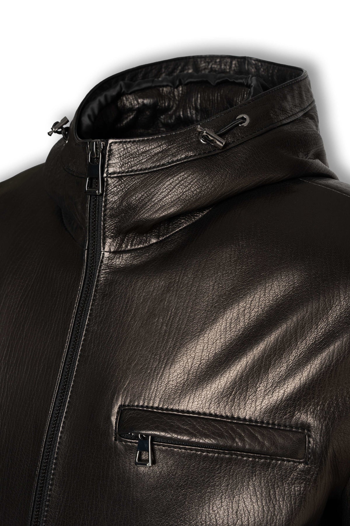 Lorcan Men’s leather jacket in black with adjustable hood and zip pockets