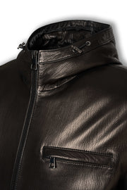 Lorcan Men’s leather jacket in black with adjustable hood and zip pockets