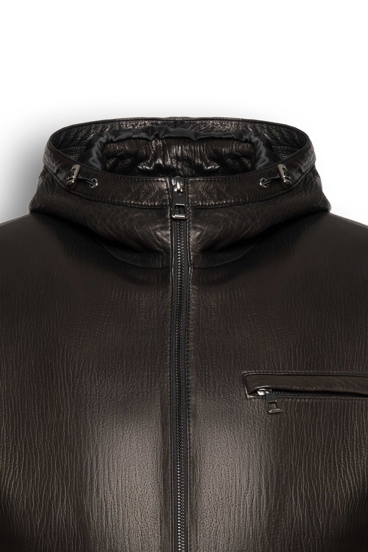 Lorcan Men’s leather jacket in black with adjustable hood and zip pockets