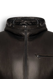 Lorcan Men’s leather jacket in black with adjustable hood and zip pockets