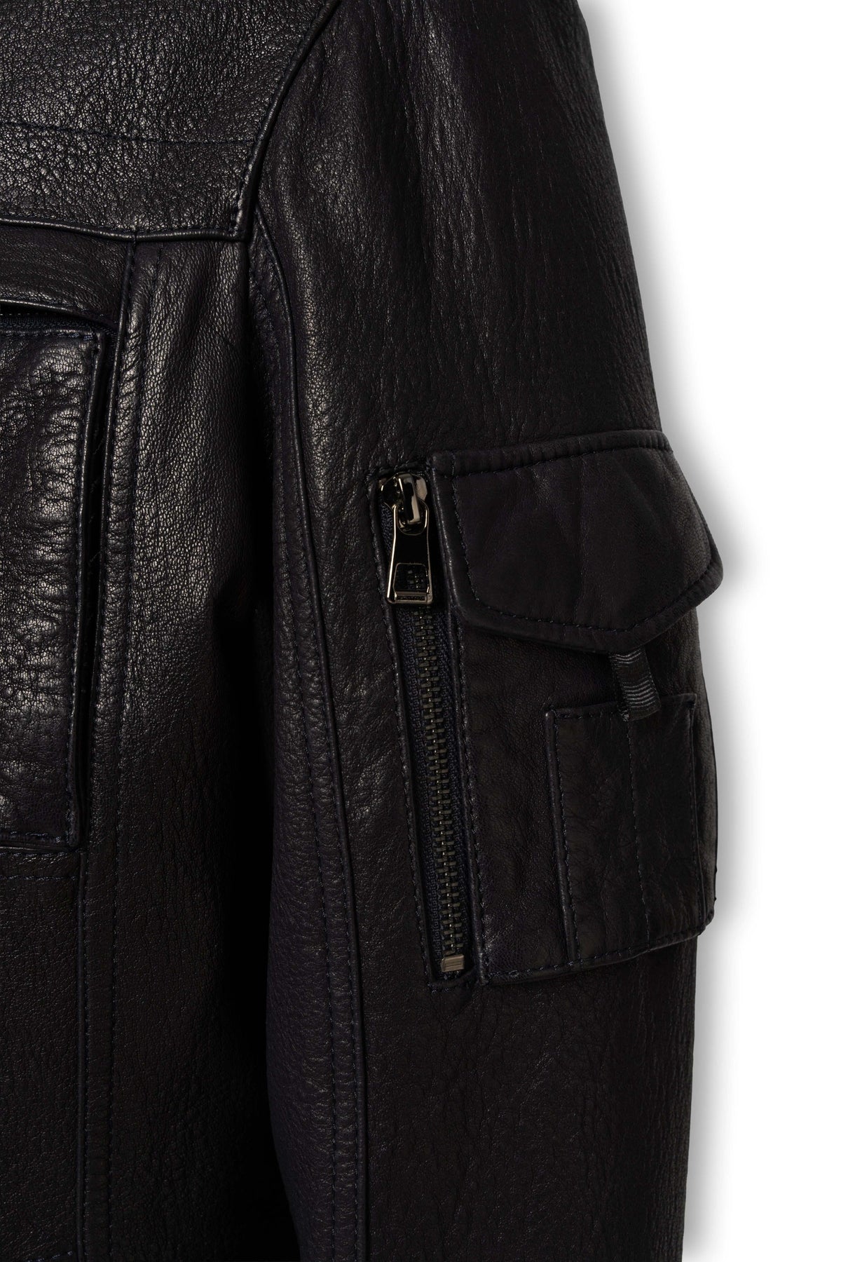 Arven Men's Black genuine leather utility jacket with stand collar and multiple pockets