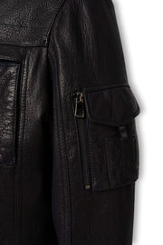 Arven Men's Black genuine leather utility jacket with stand collar and multiple pockets