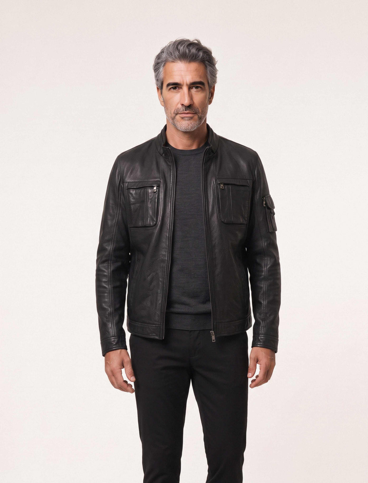 Arven Men's Black genuine leather utility jacket with stand collar and multiple pockets