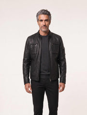 Arven Men's Black genuine leather utility jacket with stand collar and multiple pockets